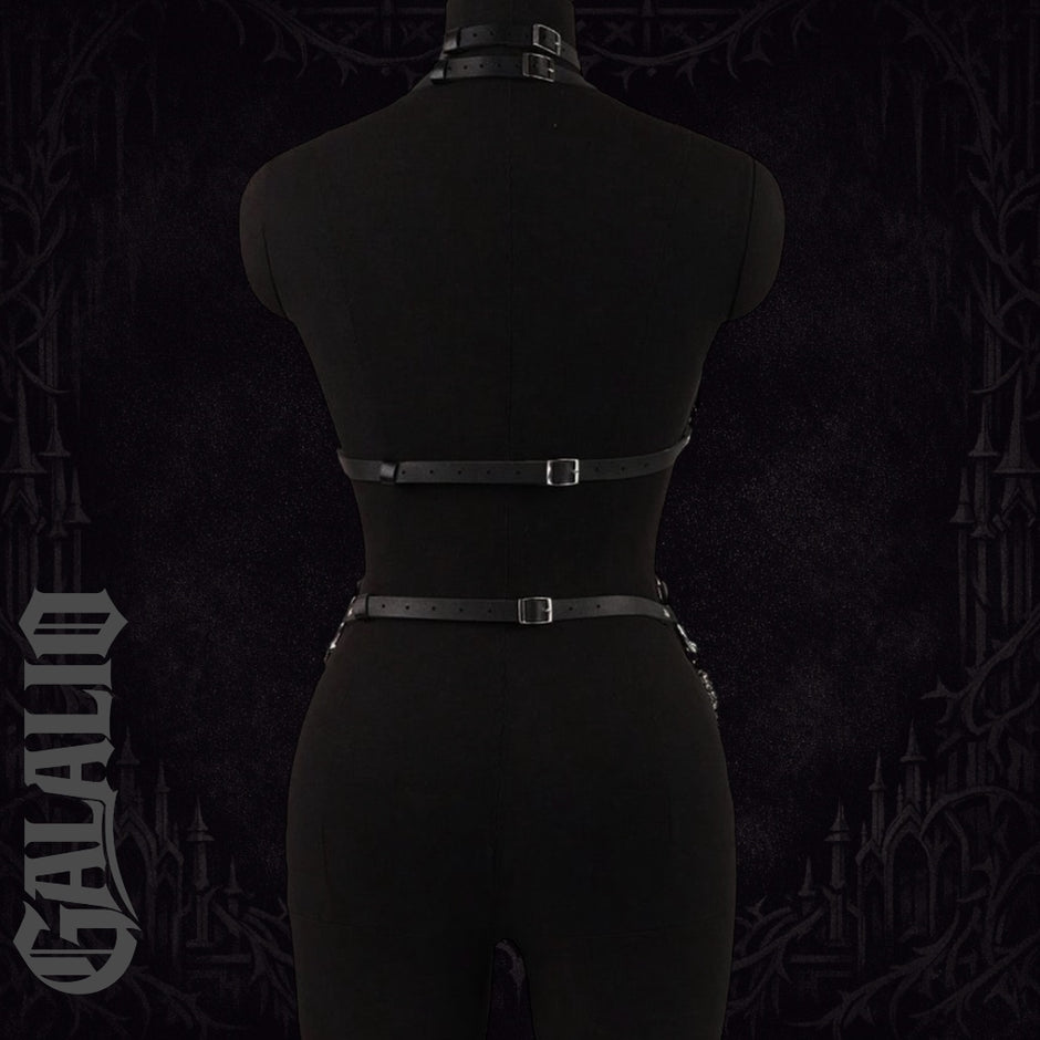Women Black Faux Leather Chain Accent Choker Body Harness