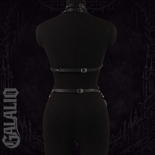Women Black Faux Leather Chain Accent Choker Body Harness