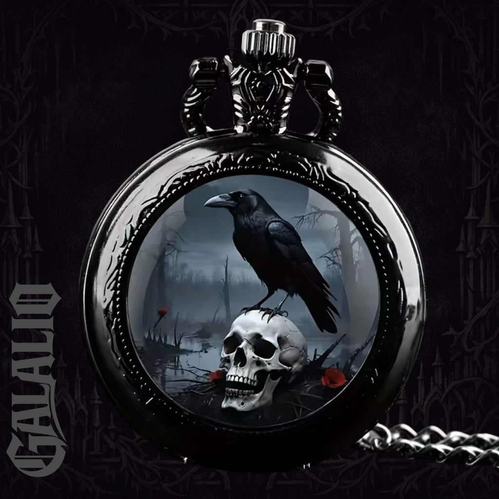 Vintage Gothic Crow & Skull Pattern Black Chain Watch