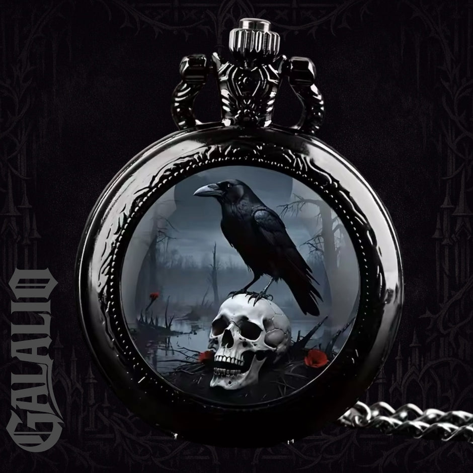 Vintage Gothic Crow & Skull Pattern Black Chain Watch
