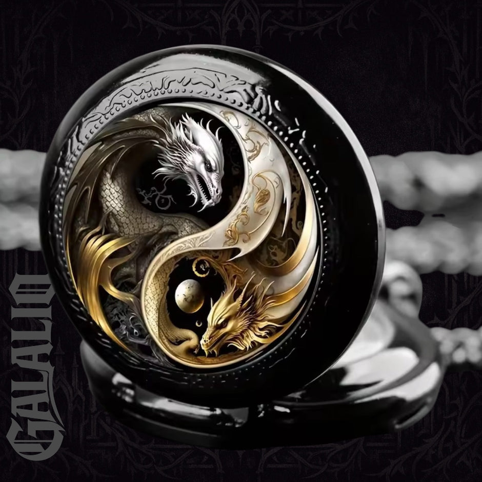 Retro Golden And Silvery Double Dragon Quartz Pocket Watch