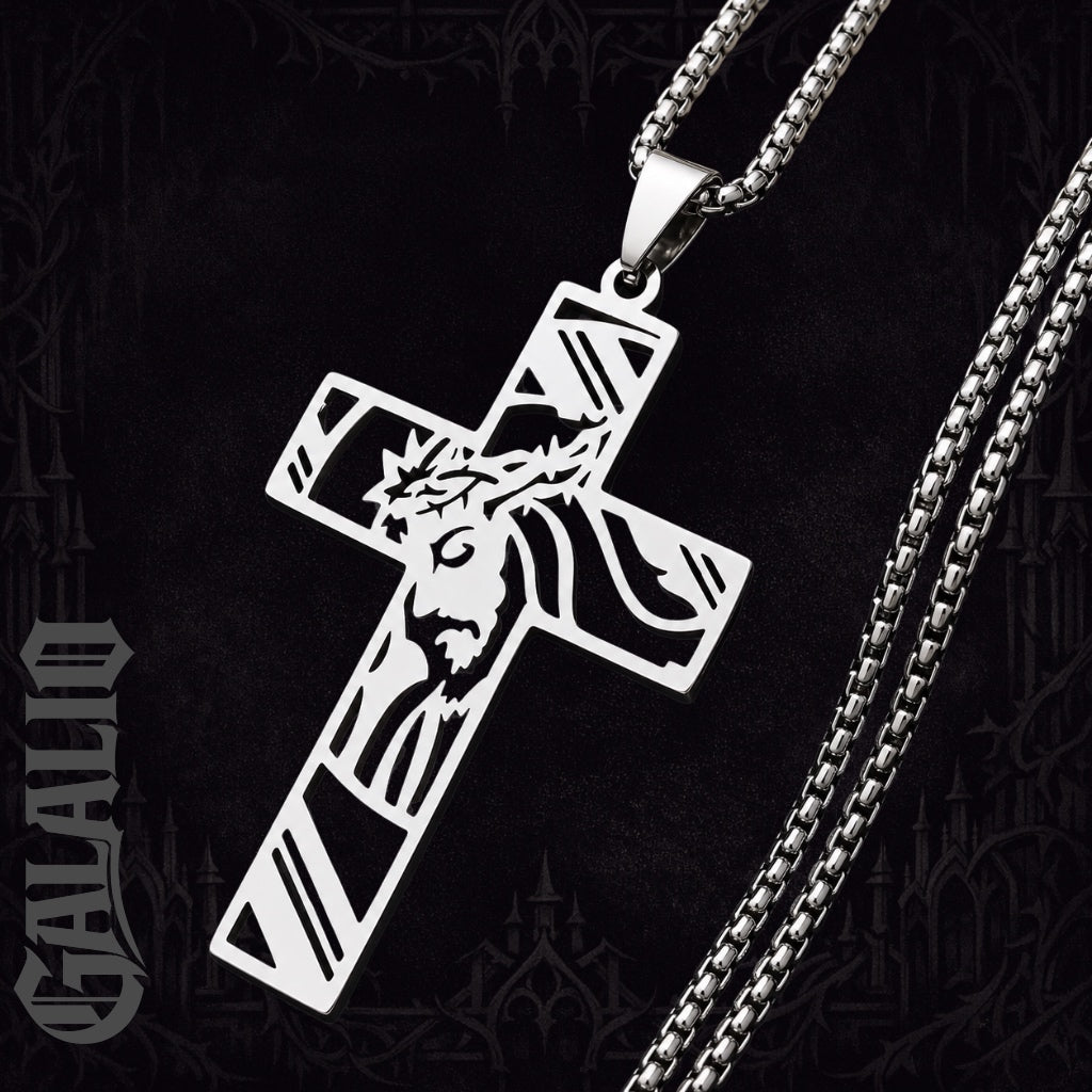 Men Stainless Steel Crown of Thorns Jesus Cross Necklace