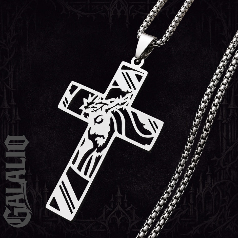 Men Stainless Steel Crown of Thorns Jesus Cross Necklace