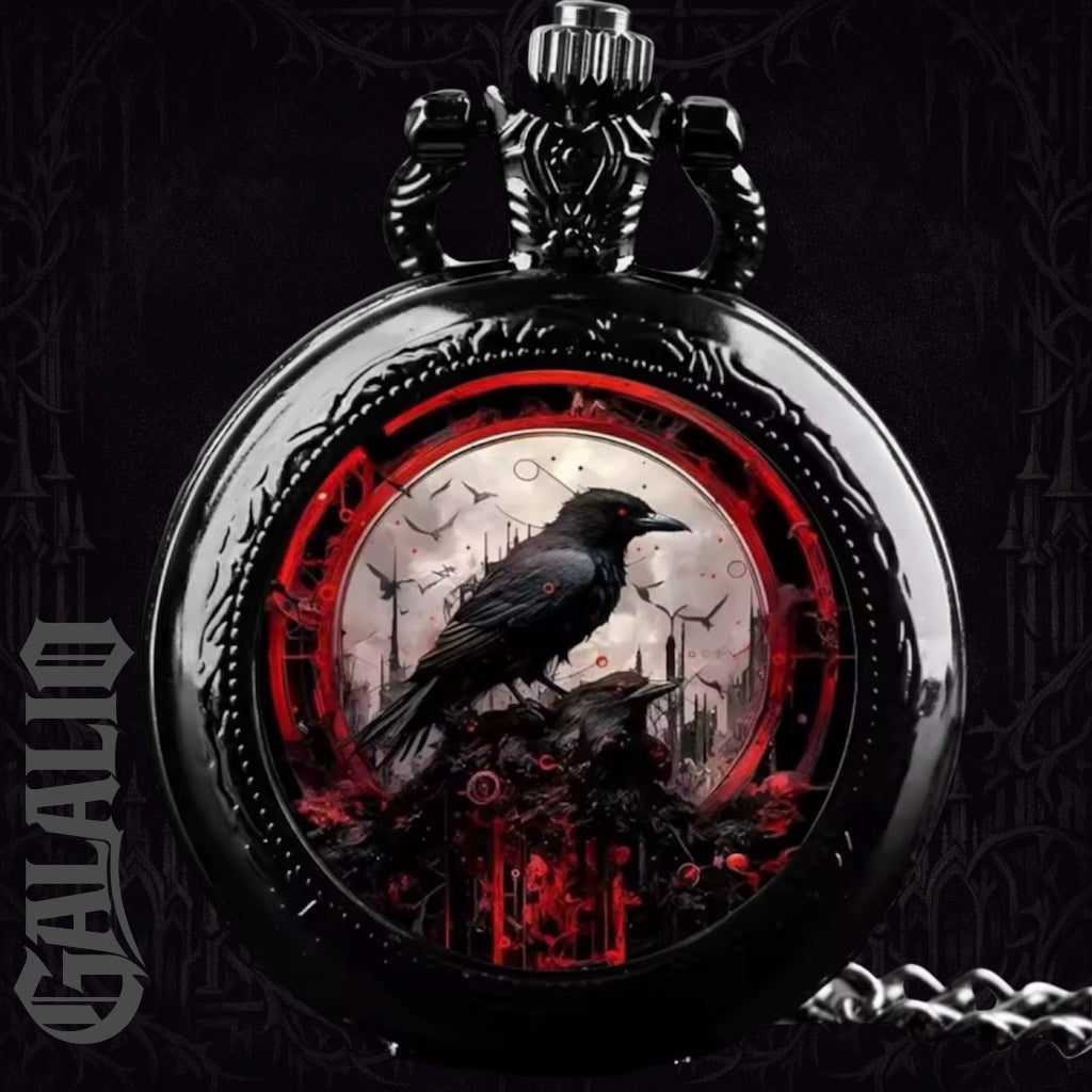 Exquisite Vintage Black Crow Goth Quartz Pocket Watch