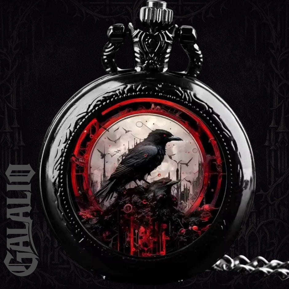 Exquisite Vintage Black Crow Goth Quartz Pocket Watch