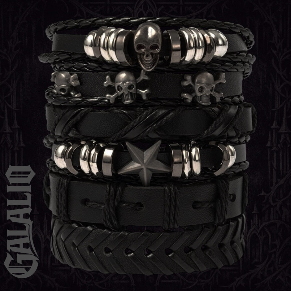 6Pcs/Set Black Punk Skull & Star Shaped Alloy & Pu Leather Bracelet