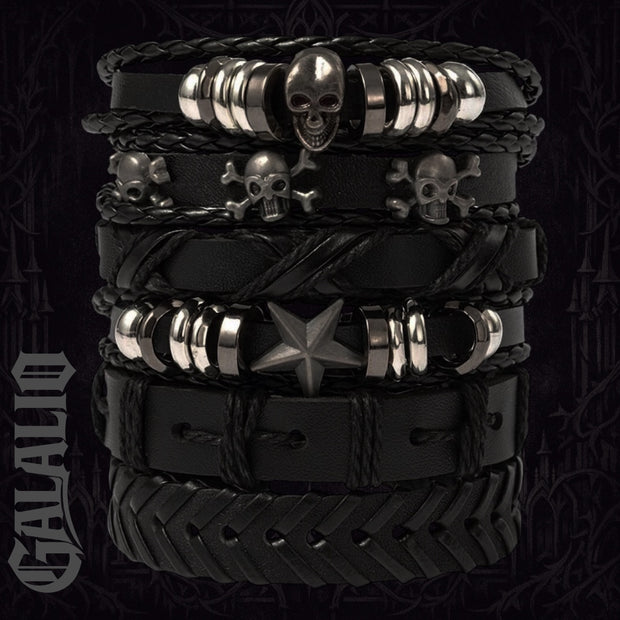 6Pcs/Set Black Punk Skull & Star Shaped Alloy & Pu Leather Bracelet