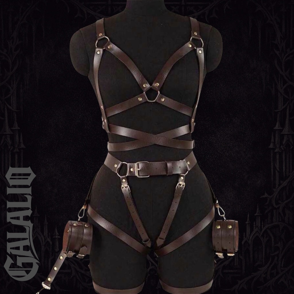Women PU Leather Full Body Steampunk Removable Cuffs Harness