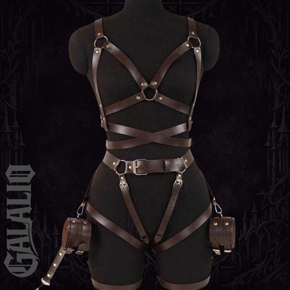 Women PU Leather Full Body Steampunk Removable Cuffs Harness