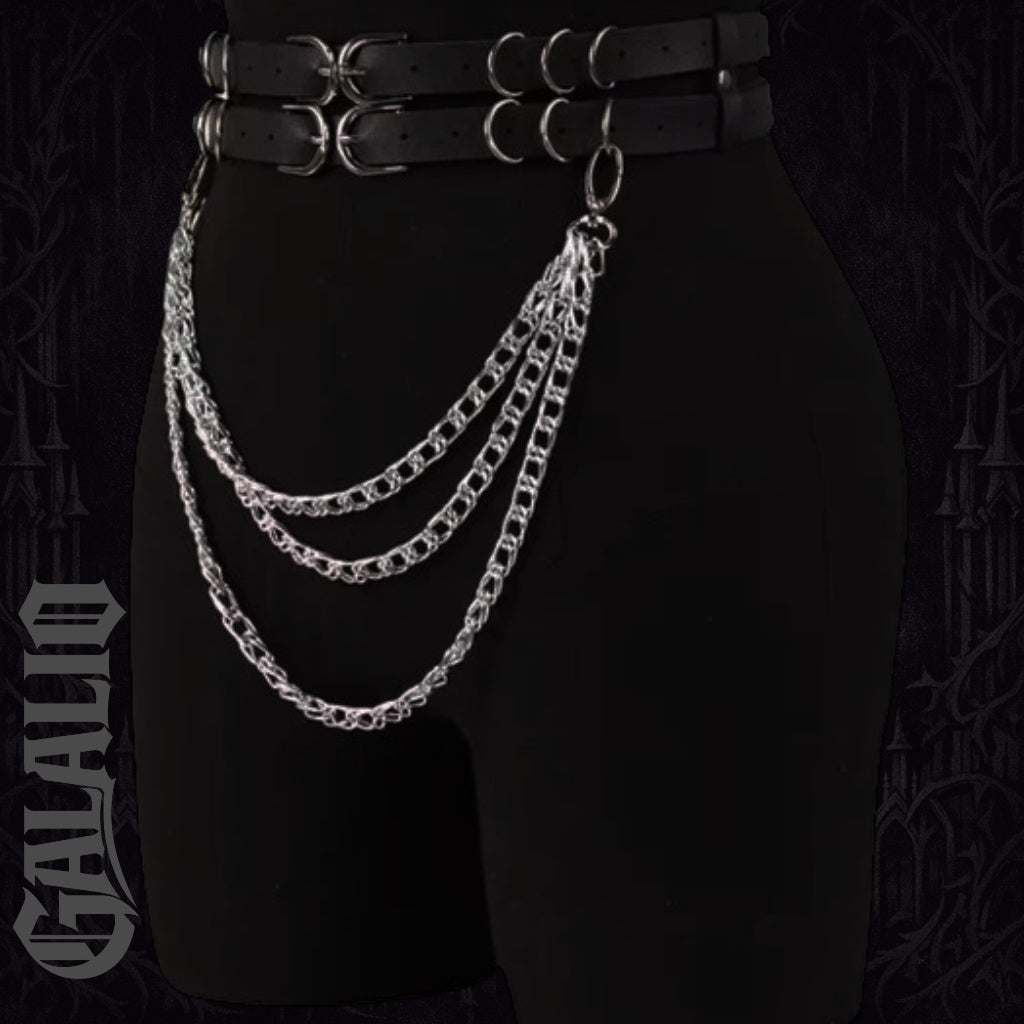 Women Double Snap Chain Belt Black PU Leather Belt