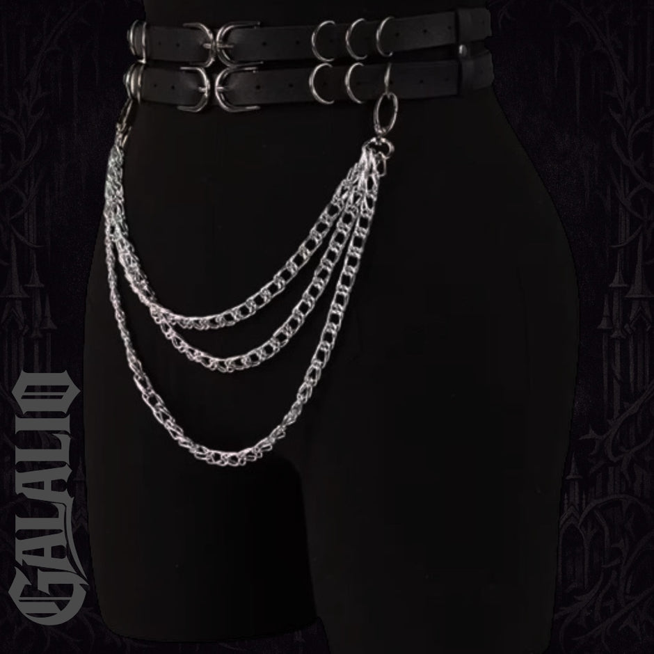 Women Double Snap Chain Belt Black PU Leather Belt