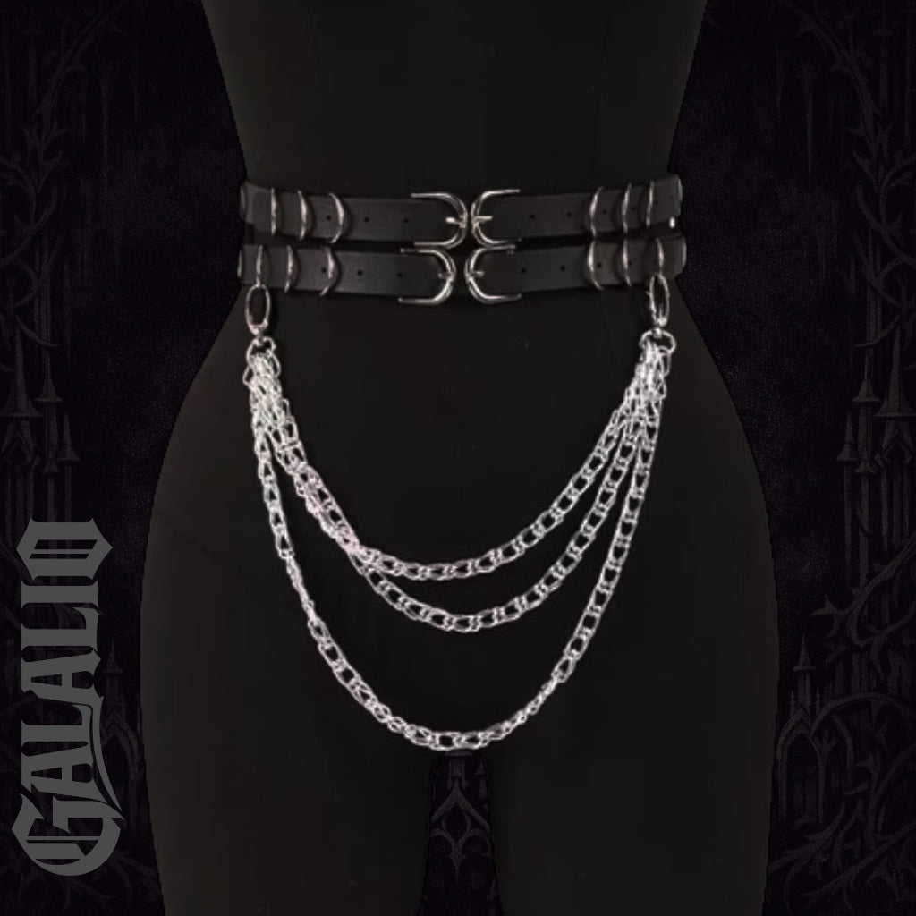 Women Double Snap Chain Belt Black PU Leather Belt