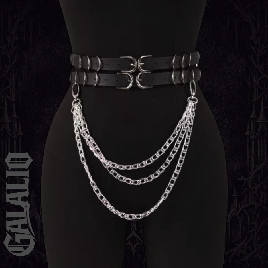 Women Double Snap Chain Belt Black PU Leather Belt