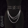 Women Double Snap Chain Belt Black PU Leather Belt