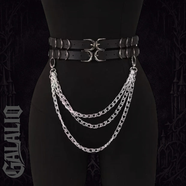 Women Double Snap Chain Belt Black PU Leather Belt