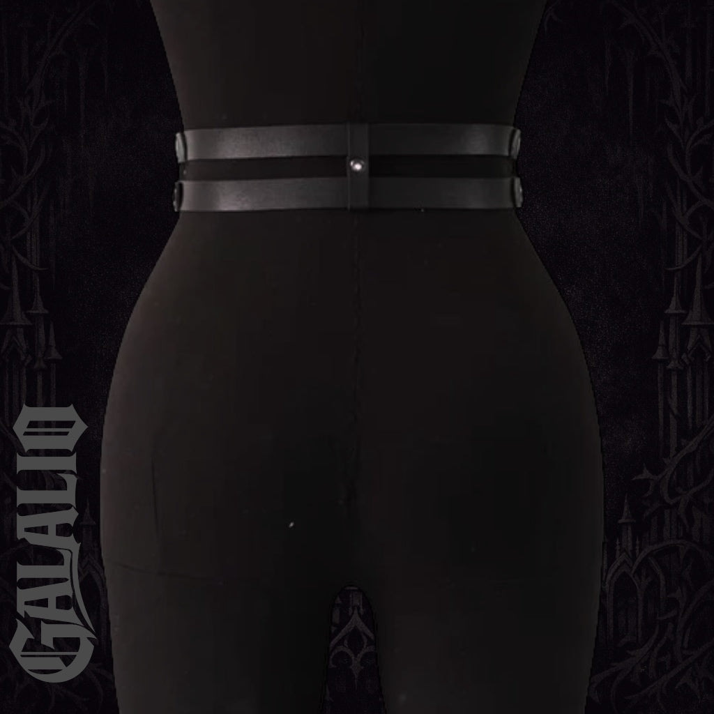 Women Double Snap Chain Belt Black PU Leather Belt