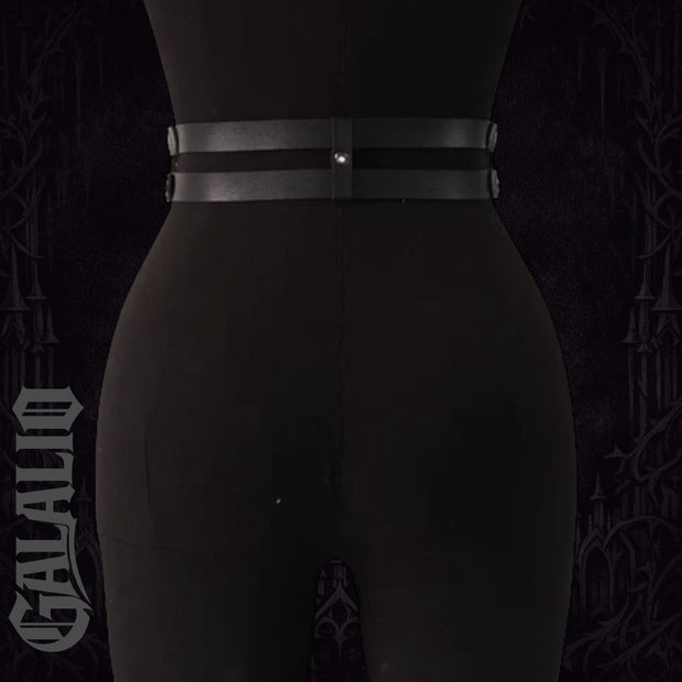 Women Double Snap Chain Belt Black PU Leather Belt