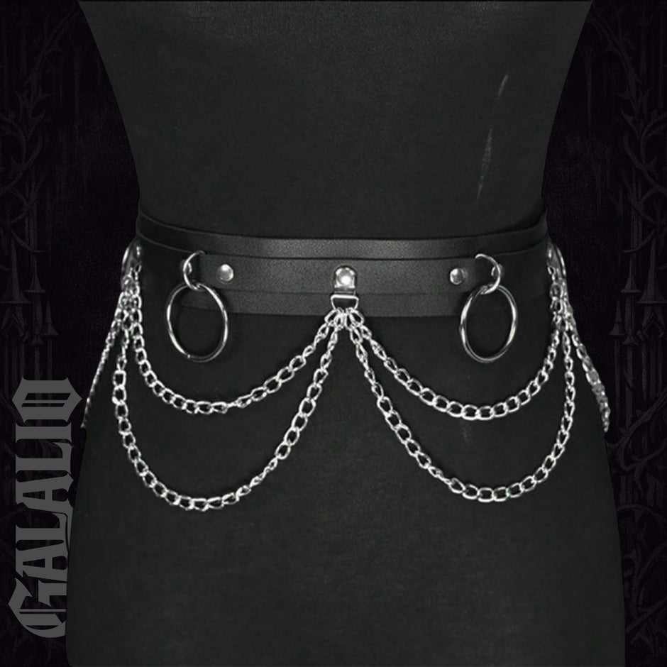 Black PU Leather Layered Chain Waist Body Harness