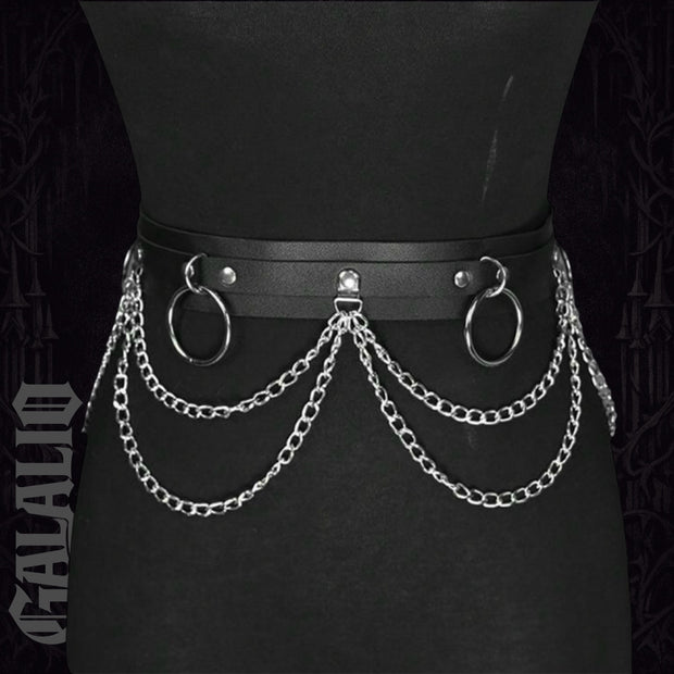 Black PU Leather Layered Chain Waist Body Harness