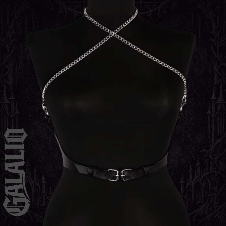 Women Body Black Tie With Shoulder Tassel Chain Harness