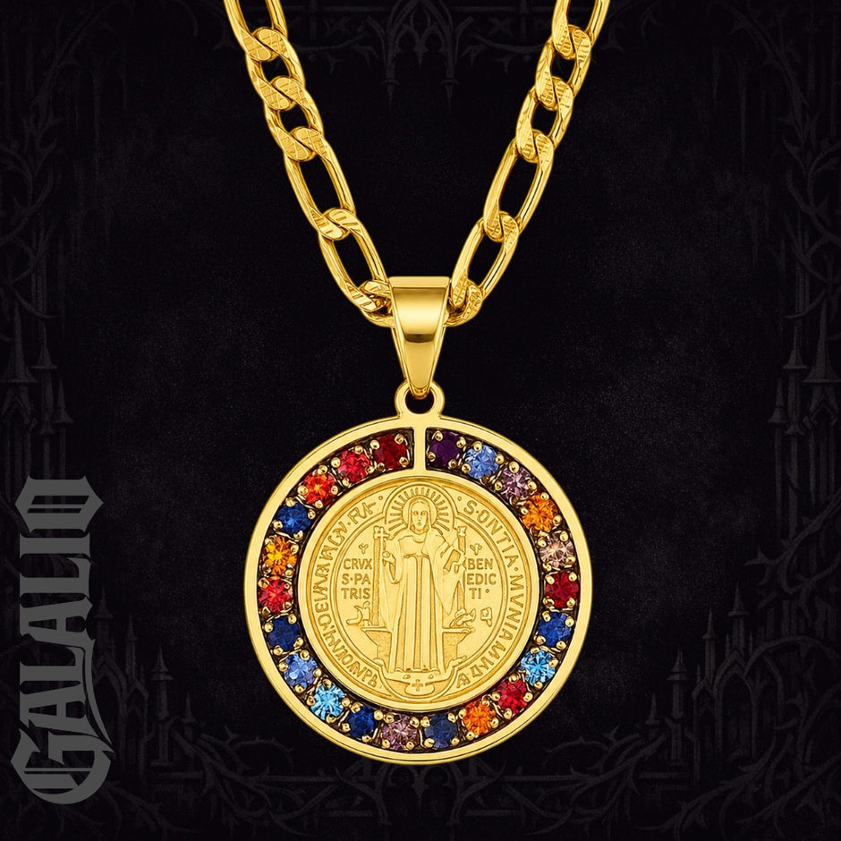 Unisex Colorful Crystal Saint Benedict Stainless Steel Medal Necklace