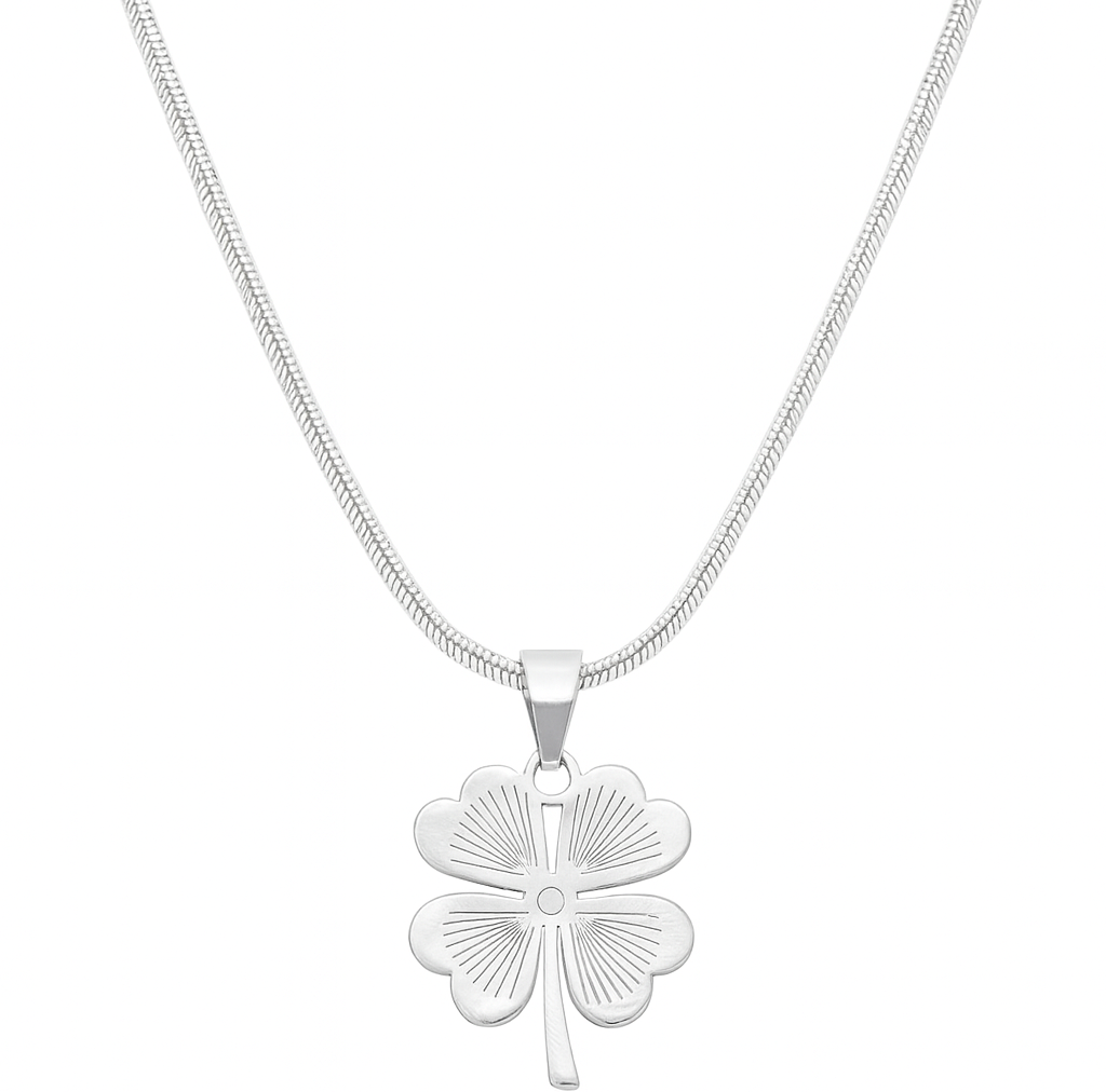 Stainless Steel Necklace With Yellow Four Leaf Clover Pendant