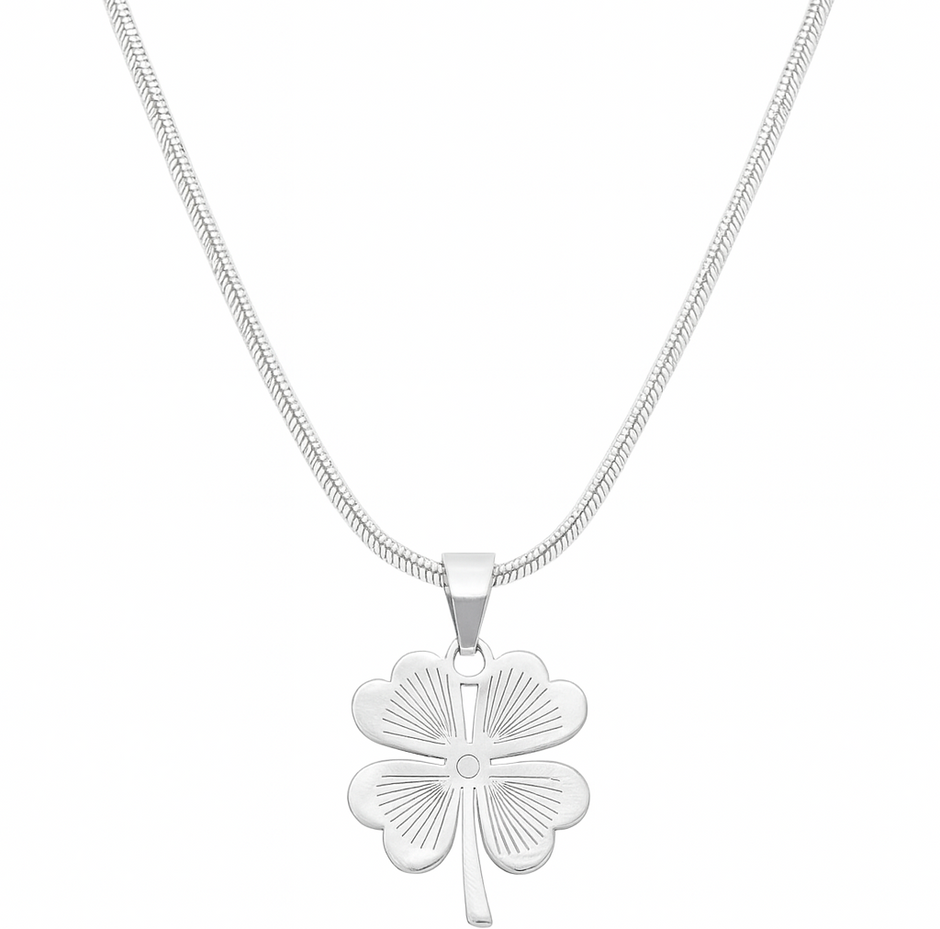 Stainless Steel Necklace With Yellow Four Leaf Clover Pendant