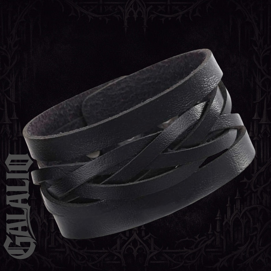 Men Black Leather Wide Bracelet