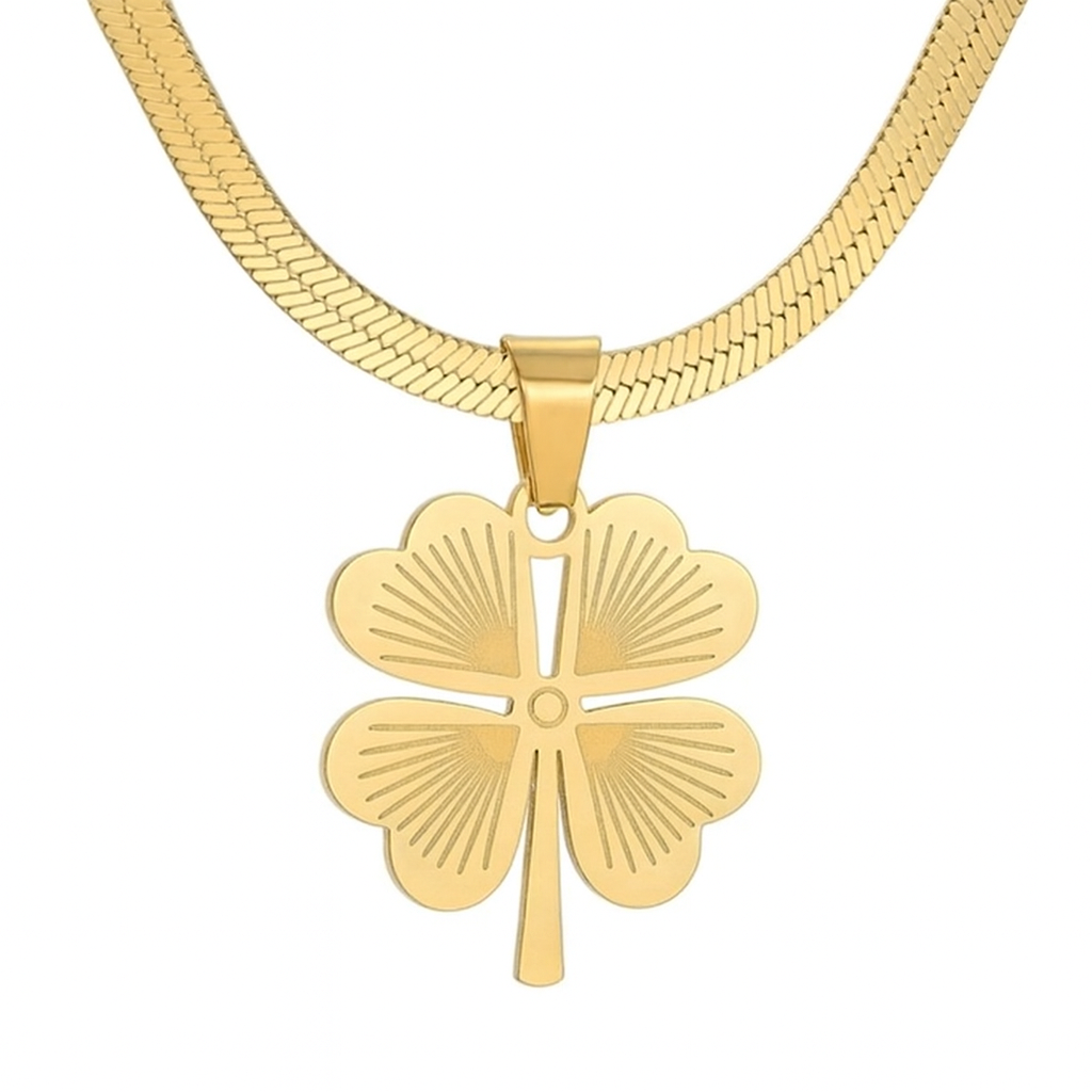 Stainless Steel Necklace With Yellow Four Leaf Clover Pendant
