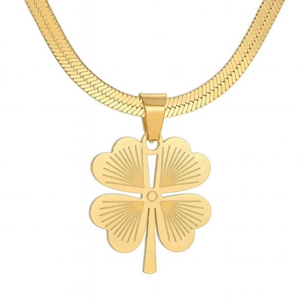 Stainless Steel Necklace With Yellow Four Leaf Clover Pendant