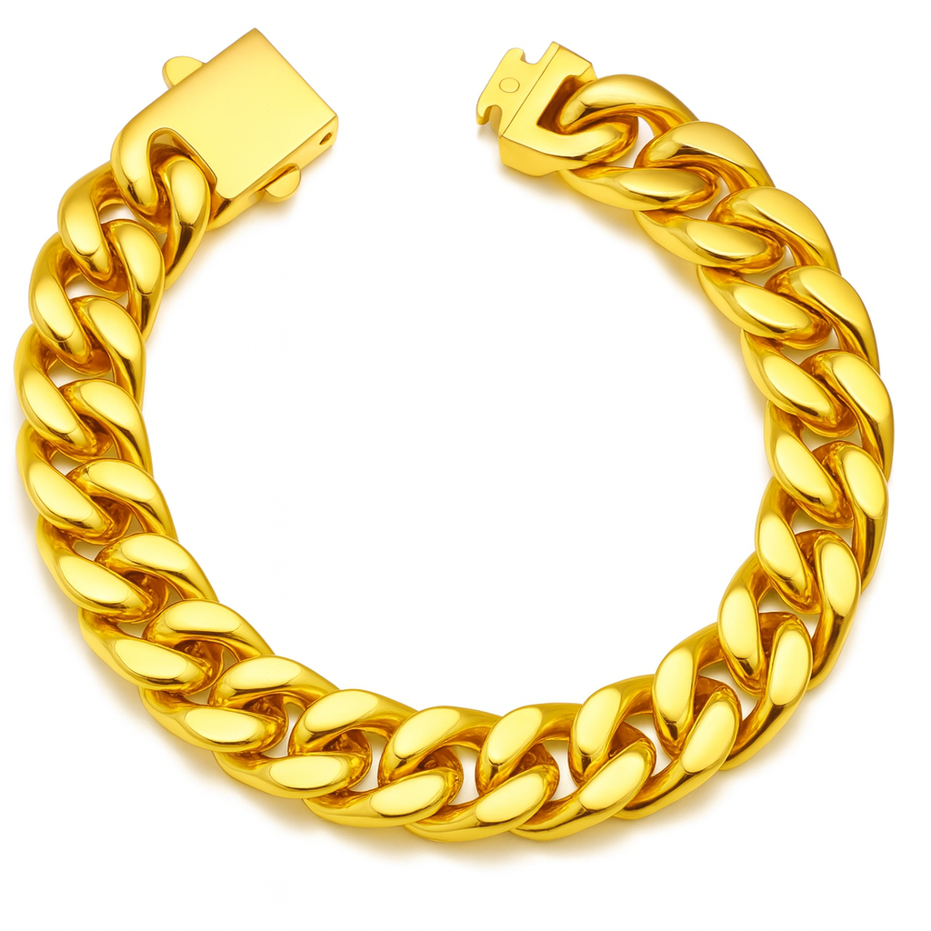 Men Gold 13mm Wide Stainless Steel Miami Curb Chain Bracelet