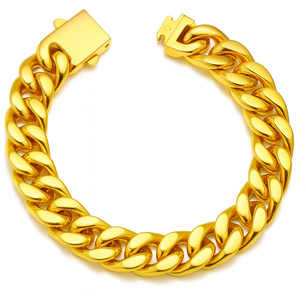 Men Gold 13mm Wide Stainless Steel Miami Curb Chain Bracelet