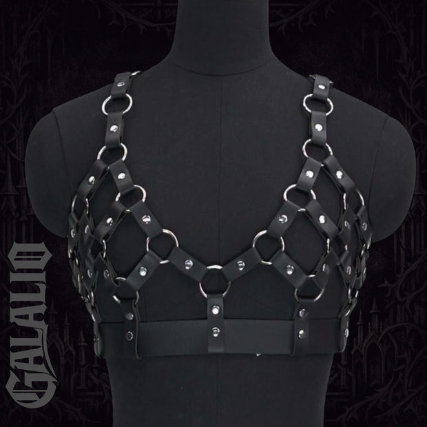 Women Gothic Punk Black PU Leather Grid Chest Harness
