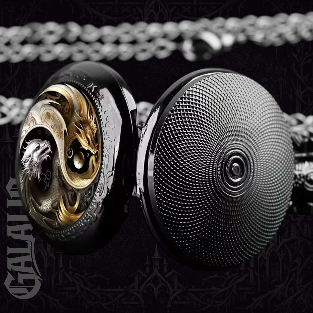 Retro Golden And Silvery Double Dragon Quartz Pocket Watch