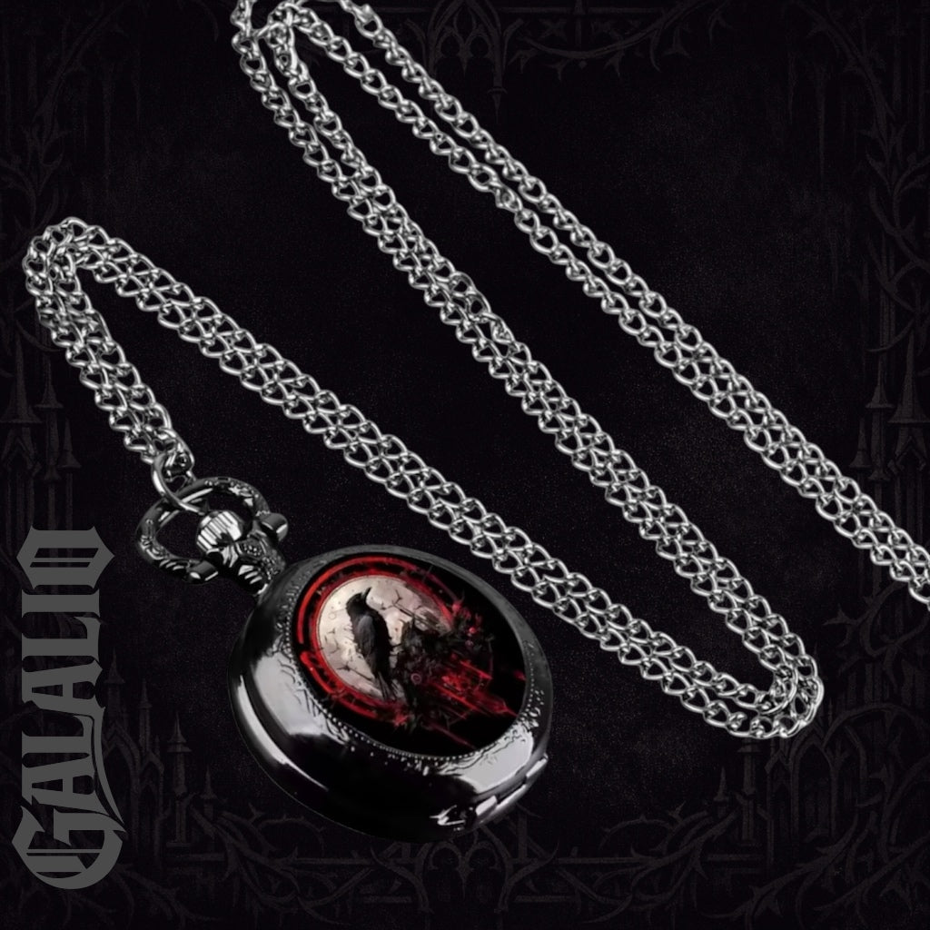 Exquisite Vintage Black Crow Goth Quartz Pocket Watch