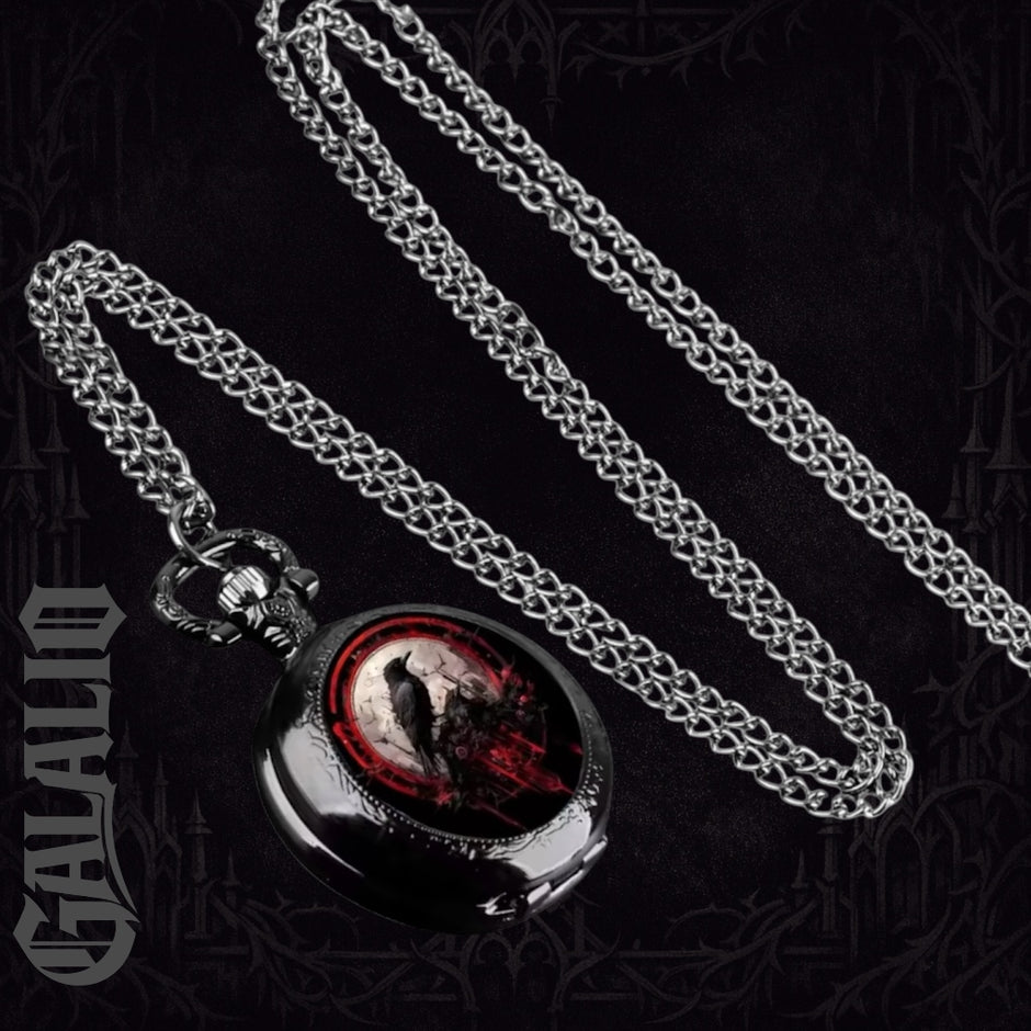Exquisite Vintage Black Crow Goth Quartz Pocket Watch