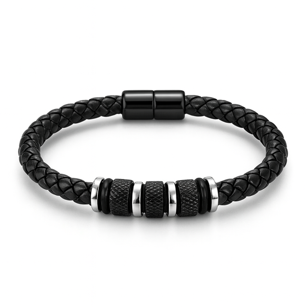 Men Braided Leather Stainless Steel Bracelet