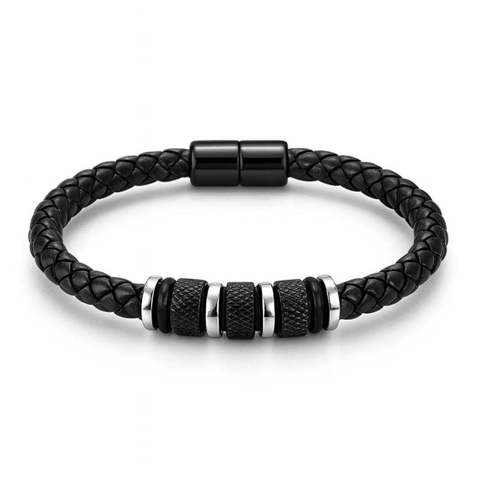 Men Braided Leather Stainless Steel Bracelet