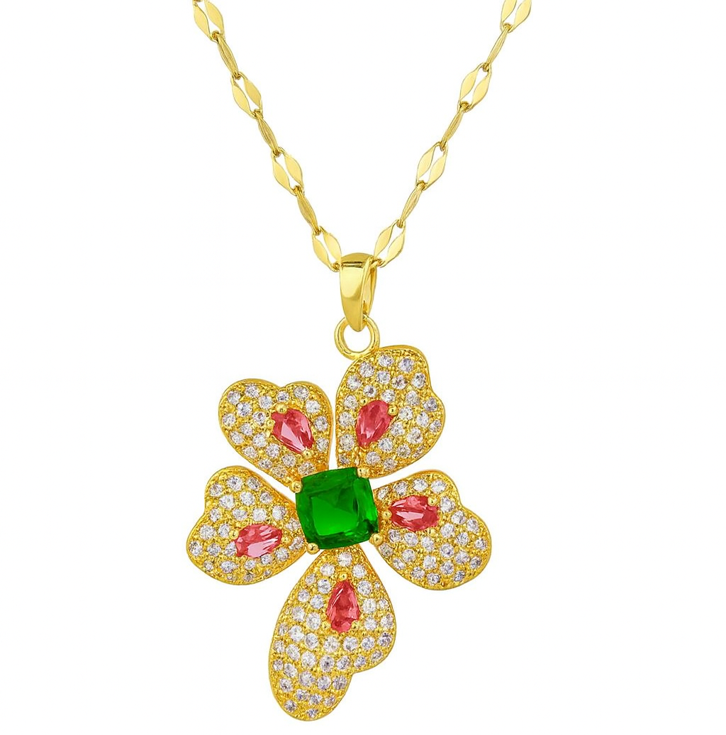 Women Rhinestone Stainless Steel Flower Pendant Necklace