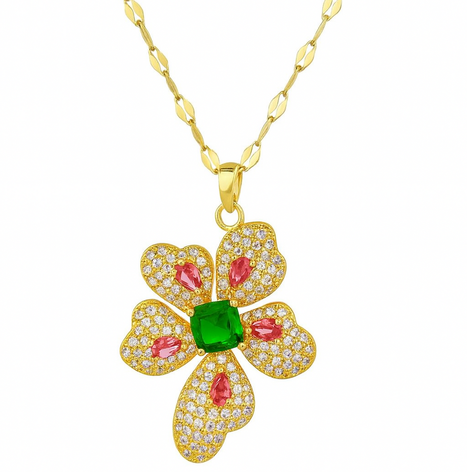 Women Rhinestone Stainless Steel Flower Pendant Necklace