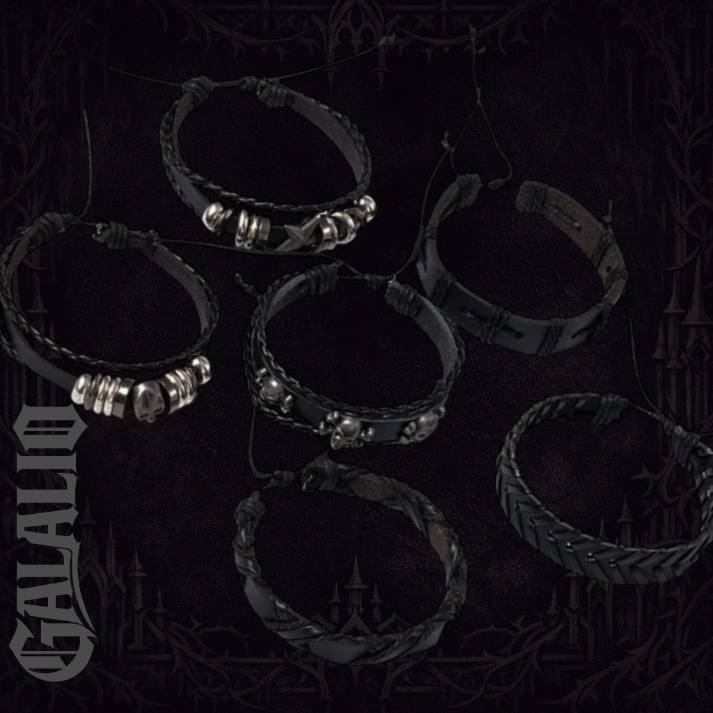 6Pcs/Set Black Punk Skull & Star Shaped Alloy & Pu Leather Bracelet