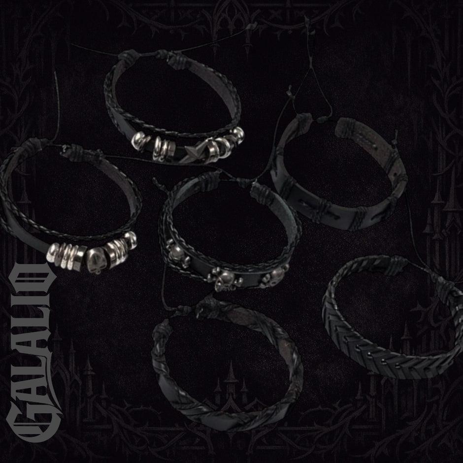 6Pcs/Set Black Punk Skull & Star Shaped Alloy & Pu Leather Bracelet