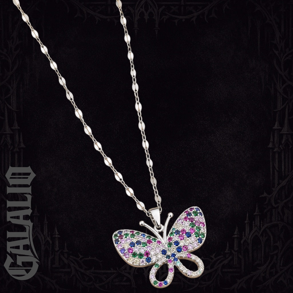 Women Stainless Steel Asymmetrical Zirconia Butterfly Necklace
