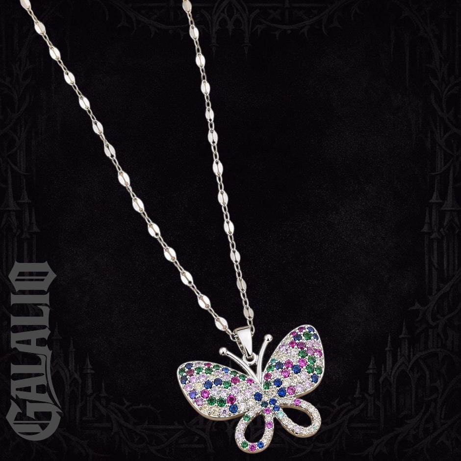 Women Stainless Steel Asymmetrical Zirconia Butterfly Necklace