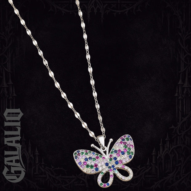 Women Stainless Steel Asymmetrical Zirconia Butterfly Necklace