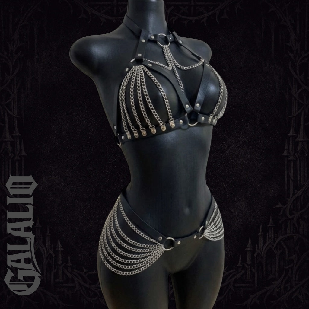 Gothic Style Women Tasseled Chain Bondage Double Buckle Waist Cincher Belt Set