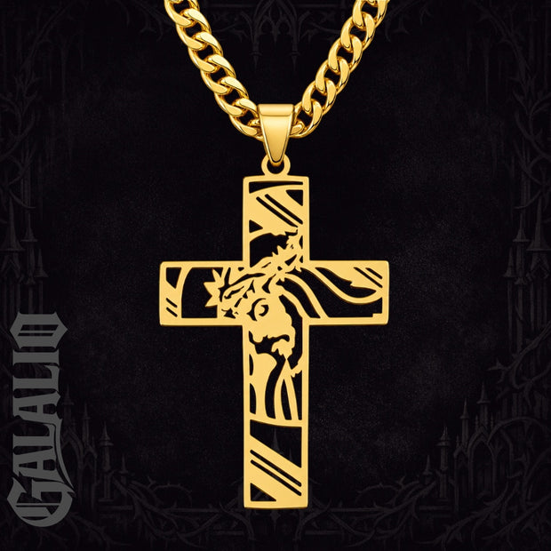 Men Stainless Steel Crown of Thorns Jesus Cross Necklace