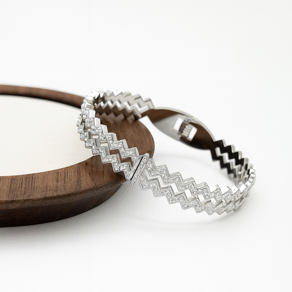 Women Full Zirconia Stainless Steel Hollow Bracelet