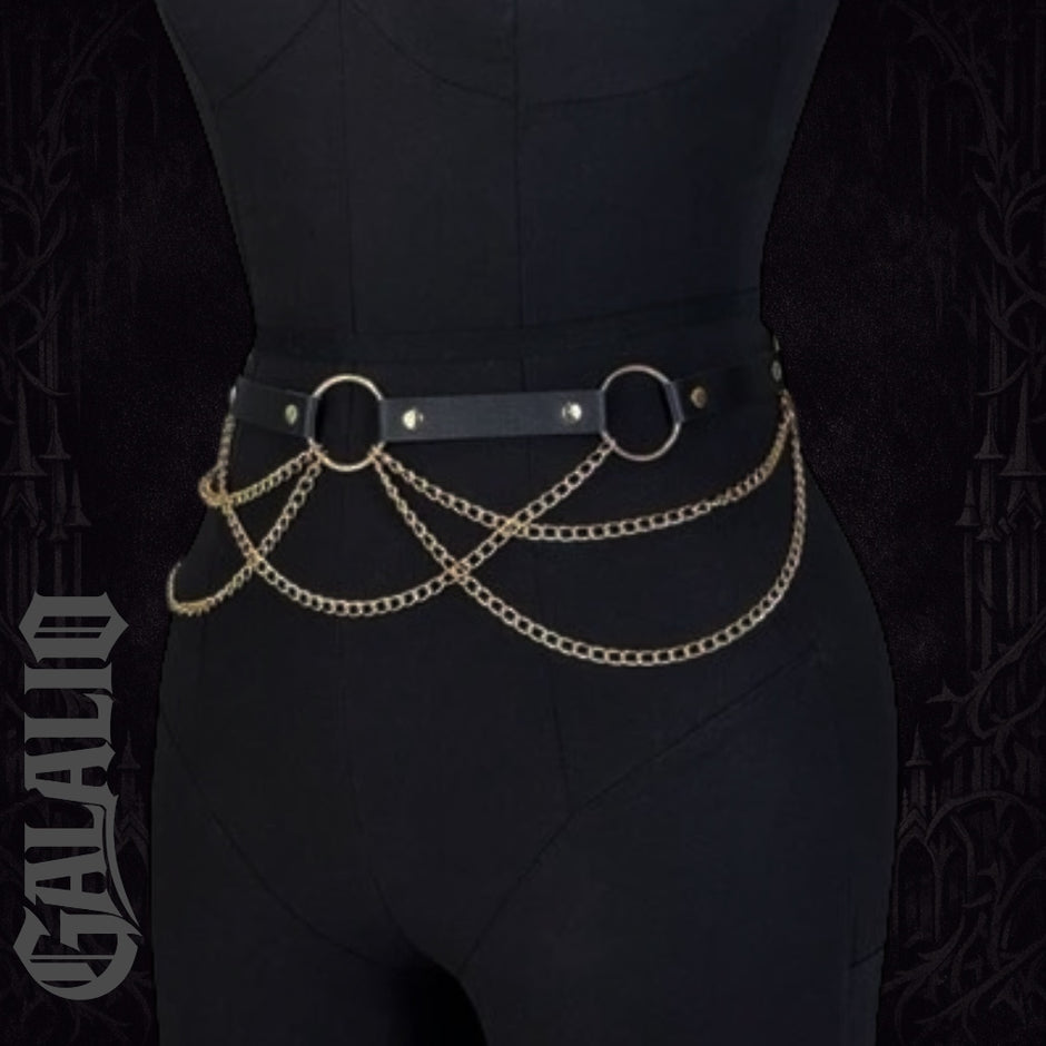 Women PU Leather Gold Waist Chain Body Harness Belt