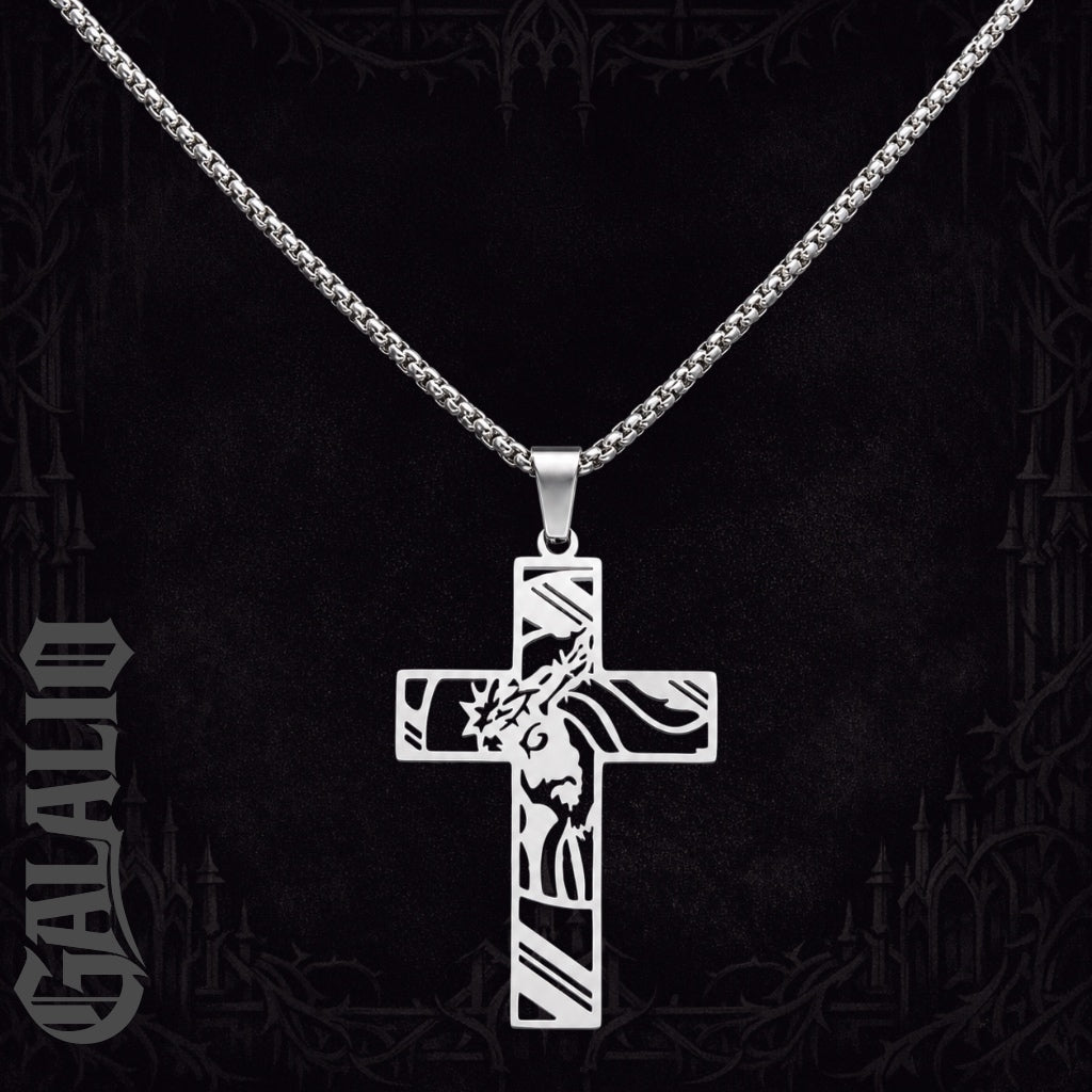 Men Stainless Steel Crown of Thorns Jesus Cross Necklace
